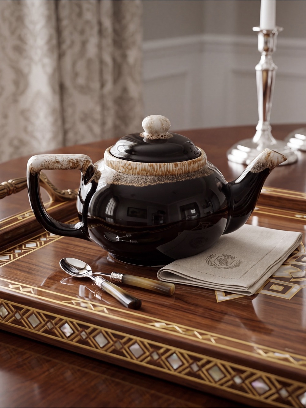 Vintage Brown Ceramic Teapot with Cream Handle and Lid
